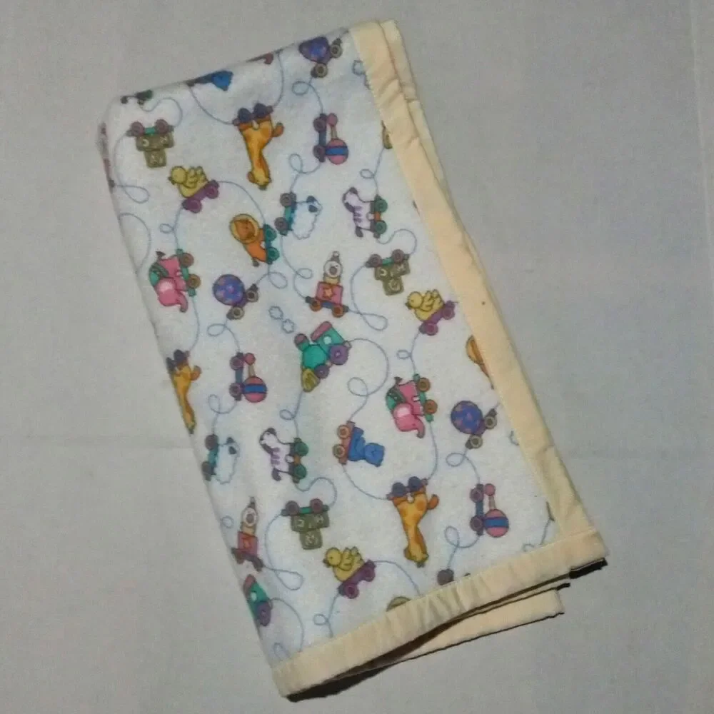 Vintage Animal Train Crib Blanket-Satin Trimmed-Pastel-Toys-Block-40 x 42 inches